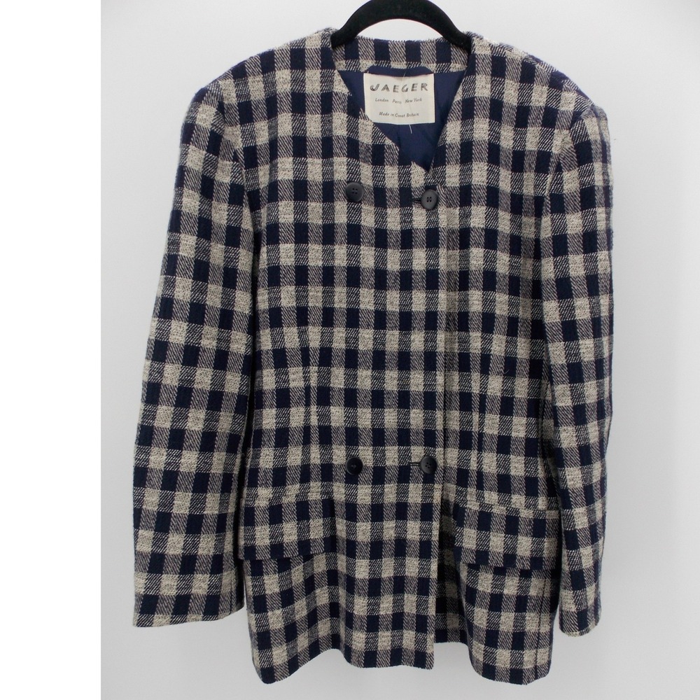 Vintage Jaeger Womens Navy Blue Gingham Checkered Blazer SZ 10 Preppy Heritage